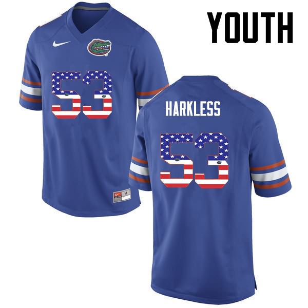 Youth NCAA Florida Gators Kavaris Harkless #53 Stitched Authentic USA Flag Fashion Nike Blue College Football Jersey MKJ8165RZ